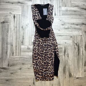 PrettyLittleThing Brown Leopard Print Slinky Plunge Split Midi Dress US 6